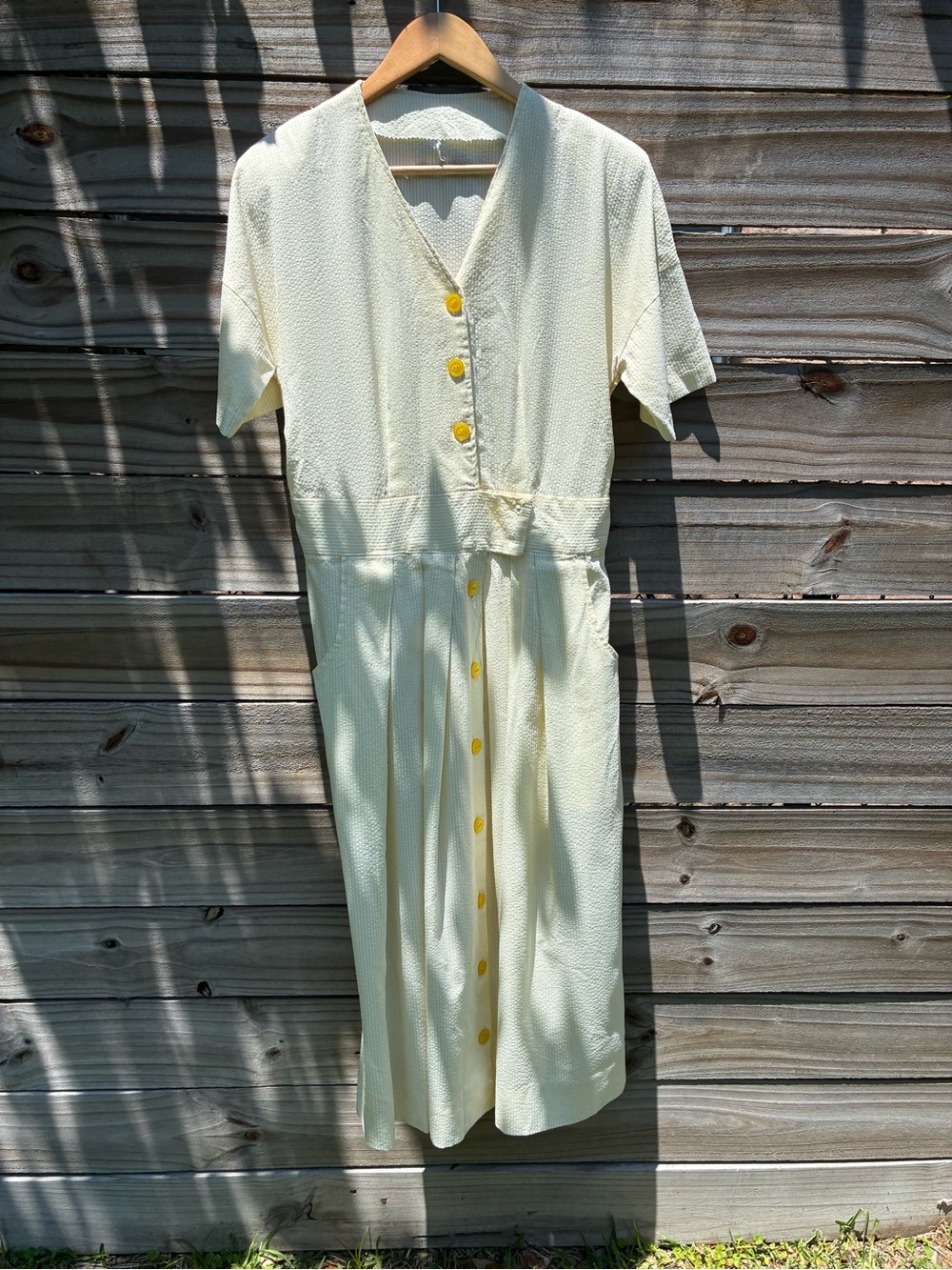 Vintage Yellow & White Seersucker Midi Dress Cottagecore Button Front Pockets M - Picture 2 of 9